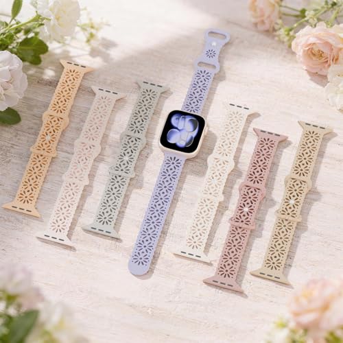 Steezrd 5 Pack Slim Lace Silicone Bands Compatible for Apple Watch Band 38mm 40mm 41mm 42mm 44mm 45mm 49mm, Thin Hollow-out Breathable Sport Strap for iWatch Ultra Series 8/7/SE/6/5/4/3/2/1 Women Men