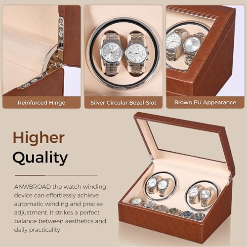 ANWBROAD Watch Winder for Automatic Watches, Automatic Watch Winder Box with 4 Watch Rotator and 6 Extra Storages, 4 Watch Winder with Japanese Quiet Motor, Watch Winders for Men & Women, UJWW012Z