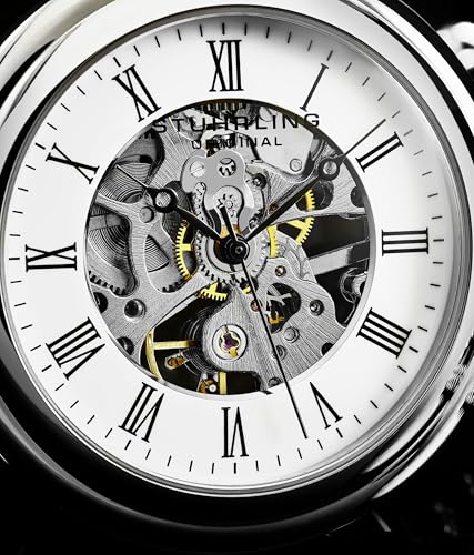 Stuhrling Original Men’s Pocket Watch Mechanical Skeleton Dial Hand Wind Stainless Steel Chain Dual-Sided Display Analog Vintage Style Timepiece No Battery Watch