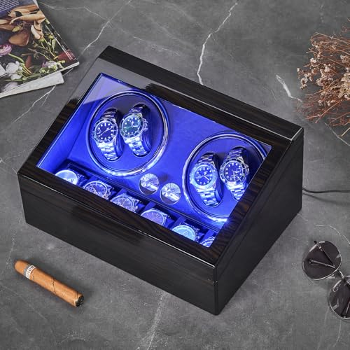 ANWBROAD Watch Winder for Automatic Watches 4 Watch Rotator and 6 Extra Storages with Super Quiet Motor LED Backlight Piano Paint Watch Shaker 4 Rotating Modes USB UJWW002E