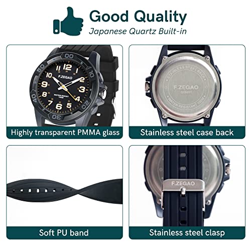 F.ZEGAO Waterproof Watch for Swimming, 100M Easy Read Free Diving Watch, Unisex Second Hand Diver Analog Watch Men with Large Face, 45mm Diameter