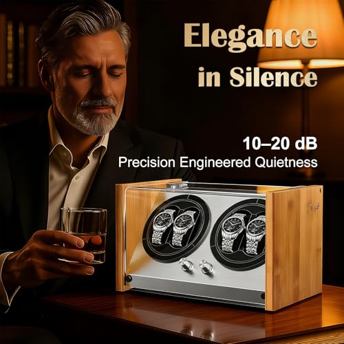 Watch Winder Smith Real Bamboo 4 Watch Winders for Automatic Watches, Precision Engineered Quiet 4 Modes Rotation and Dual Power Flexibility AC/DC