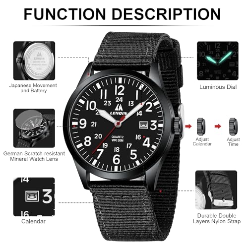 LN LENQIN Mens Watches Unisex Military Sport Nylon Strap Stylish Luminous Fashion Analog Quartz Watch for Men Waterproof Army Tactical Casual Wristwatch