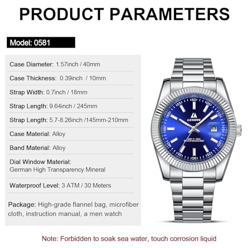 LN LENQIN Mens Watches Stainless Steel Analog Watch Quartz Watches for Men Waterproof Men's Wrist Watch Fashion Business Automatic Watch with Date (Silver Blue)