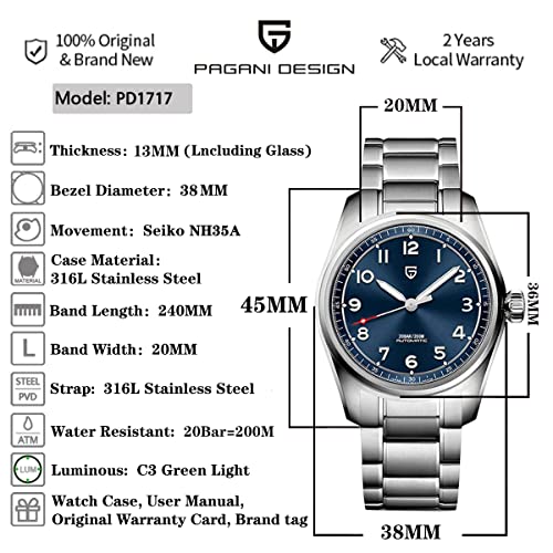 PAGRNE DESIGN Watches Men Automatic Mechanical 38MM Men's Pilot Watch NH35A Waterproof 200m Dive Sport Sapphire Glass Stainless Steel Wrist Watch