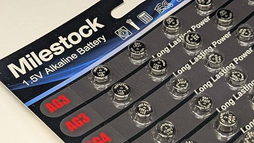 Milestock 50-pcs 1.5V Super Alkaline Button Cell Battery Assortment AG3 LR41, AG4 LR626, AG5 LR754, AG10 LR1130, AG13 LR44 High Power Coin Batteries for Watches, Calculators, Toys, and Electronics