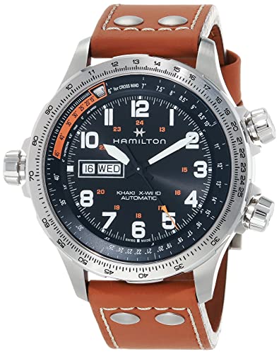 Hamilton Khaki Aviation Automatic Men's Watch, 45mm Stainless Steel Case, Swiss Made, Black Dial Analog Wrist Watch for Men, 100m Waterproof, Sapphire Crystal, 3-Hand Movement, Cow Leather Strap