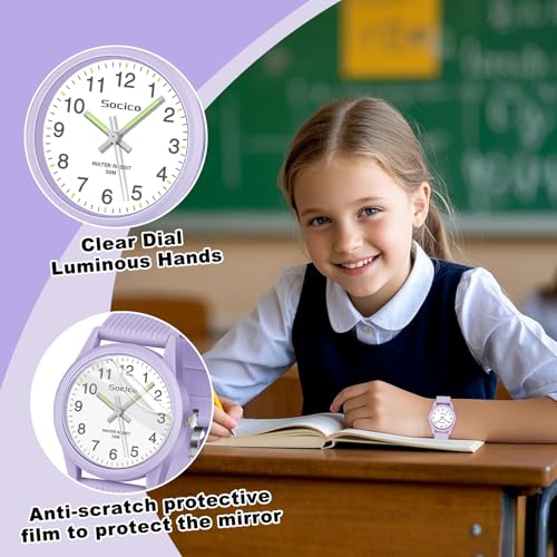 SOCICO Kids Analog Watch for Boys Girls, Easy to Read Learning Time Watch, 50M Waterproof, Soft Band Wristwatch for Ages 4-12, Great Gift for Children