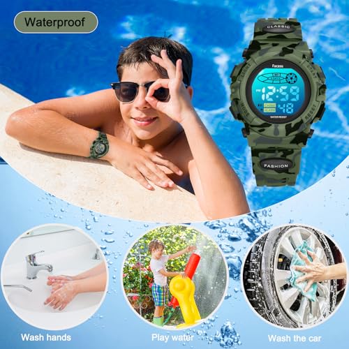 Facasu Camo Sports Watch for Boys-Waterproof Kids Digital Watch with Colorful Light, Alarm&Snooze,Stopwatch Military Design Silicone Band Gift for Birthdays,Christmas(8+ Years)
