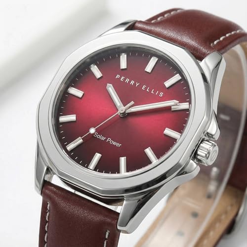 Perry Ellis Solar Powered Mens Watch | Vegan Leather Water-Resistant Analog Wrist Watches for Men | 42mm Case | Relojes para Hombres | Elegant Gift for Man (Red)