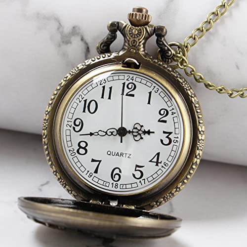 Whodoit Men's Bronze Truck Design Quartz Pocket Watch, Arabic Digital Dial Quartz Pocket Watches with Chain for Men