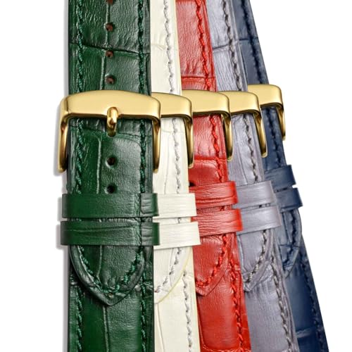 WOCCI 20mm Watch Band, Italian Leather, Embossed Alligator Grain, Gold Buckle (Brown)