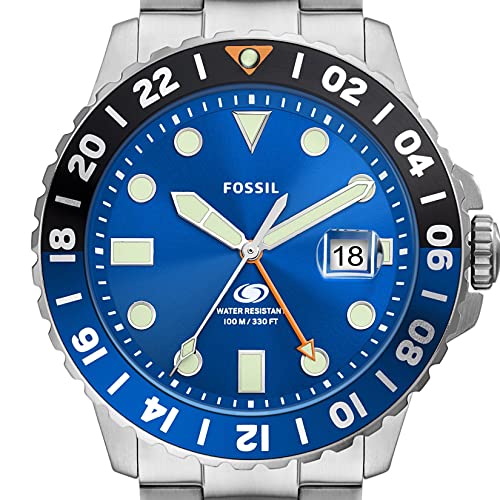 Fossil Men's 46mm Blue GMT Stainless Steel, Silver/Blue GMT Dive-Inspired Three-Hand Watch, FS5991
