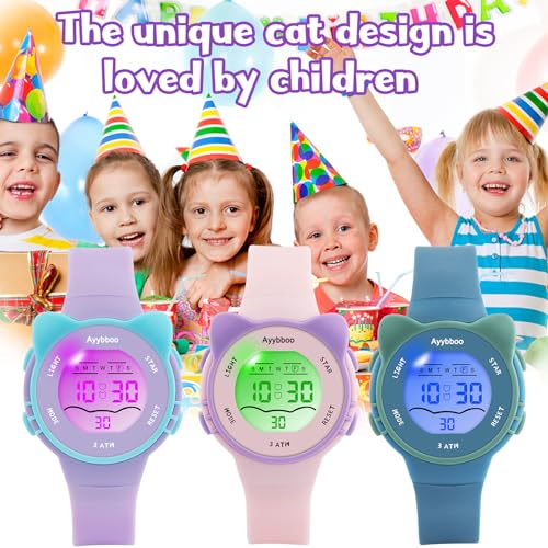 Ayybboo Digital Watches for Girls Boys, 7 Color Lights Water Proof Watches with Alarm Stopwatch,Cute Cat Watch, Presents for Girls Boys Ages 5-13
