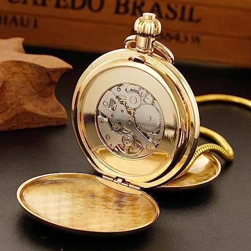 Whodoit Smooth Double Open Cover Mechanical Pocket Watch, Unisex, Roman Dial, Stainless Steel, Chain, Box