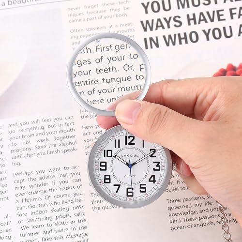 LAKXIUL Talking Pocket Watch with Magnifying Glass, Triple Alarms and Hourly Chime – Equipped with a Loud Speaker, Designed for Seniors and The Visually Impaired(Matte Silver)