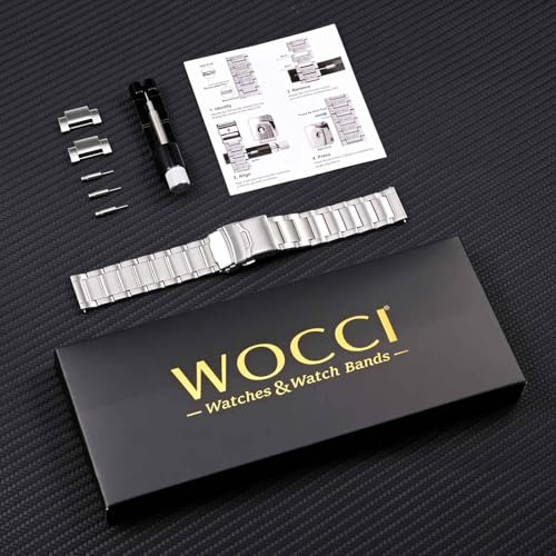 WOCCI 20mm Heavy-duty Metal Watch Band for Men, 316L Stainless Steel, Double Locking Deployant Clasp (Silver)