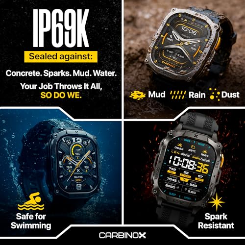 CARBINOX Edge Smart Watch Rugged, 1.96″ AMOLED, Stainless Steel, IP69K/5ATM Fitness trackers, Dual-Band GNSS, 500mAh, Bluetooth Calls, Smart Watch for Android Phones iOS (Black)