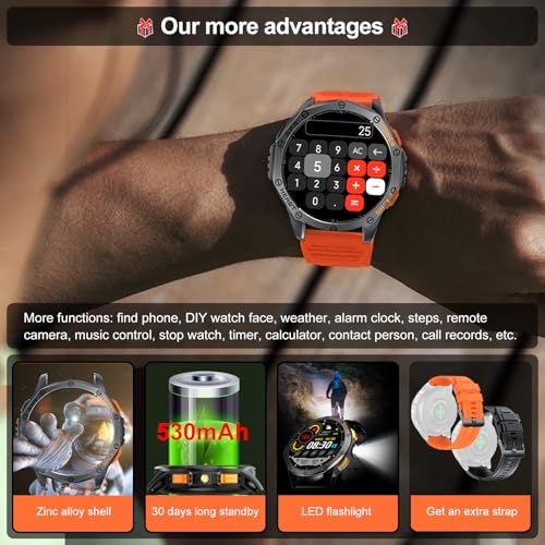 Military Smart Watches Built-in GPS, 170+ Sport Modes for Men with Flashlight, Smartwatch for Android Phones and iPhone, 1.43" AMOLED Screen Bluetooth Call Compass Altimeter (Black & Orange (2 Bands))