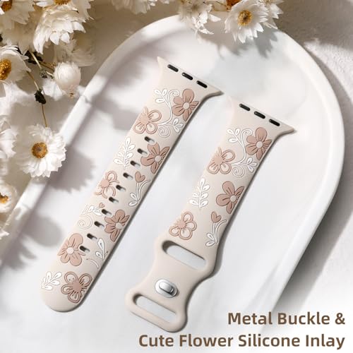 Witzon Floral Band Compatible with Apple Watch Bands For Women 41mm 40mm 38mm 42mm 44mm 45mm 46mm 49mm, Engraved Cute Flower Soft Silicone Strap for iWatch Series 11 10 9 8 7 6 5 4 3 2 1 SE Ultra