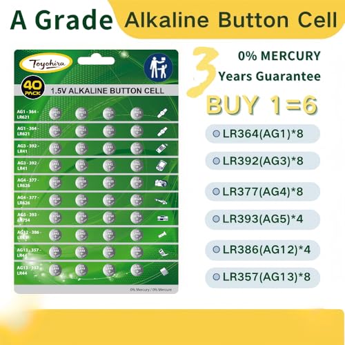 40pcs High Power Super Alkaline Button Cell astd 1.5V Watch Batteries Incl. AG1(LR621,364)*8,AG3(LR41,392)*8, AG4(LR626,377)*8,AG5(LR754, 393)*4,AG12(LR43,386)*4,AG13(LR44,357)*8 for thermometer clock