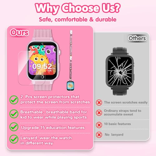 Smart Watch for Kids Girl Gift Ages 3-12, 2 Screen Protector, 26 Puzzle Games, HD Camera Video Music Player Touchscreen Pedometer, Educationtal Toy Brithday Gifts for Girl Ages 4 5 6 7 8 9 10(Pink)