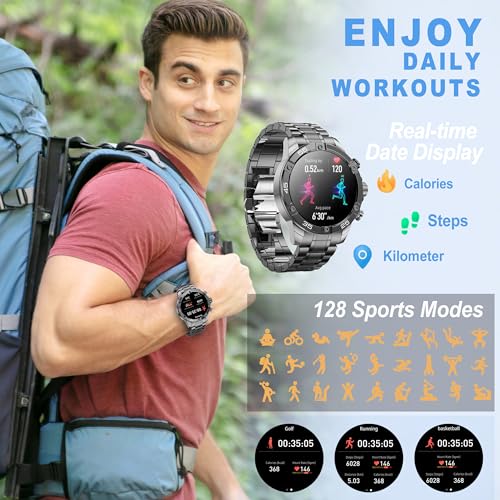 OHUGNA Men's Smart Watch Round HD 1.53" Gold Blue Smart Watches for Men, Multiple Sports Modes, Bluetooth Voice Call. Available for iOS and Android (Black Steel)