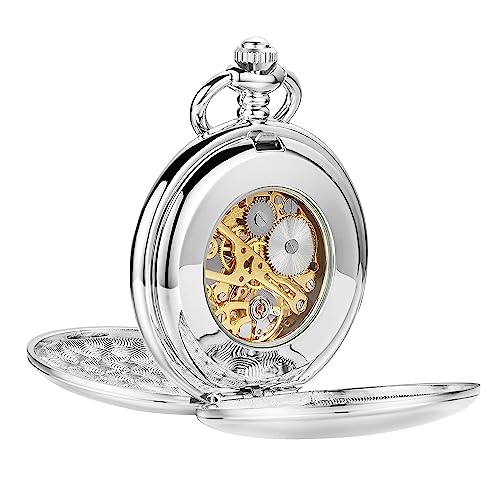 ShoppeWatch Men’s Silver Pocket Watch with Chain | Hand Winding Vintage Pocket Watch | Classic Mechanical Movement Pocketwatch | 1920s Railroad Steampunk Costume Accessory PW20