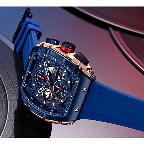MF MINI FOCUS Men's Watch Fashion Tonneau Wrist Watches (Chronograph/Waterproof/Luminous/Calendar) Silicon Strap Quartz Watches for Men (Black & Golden)