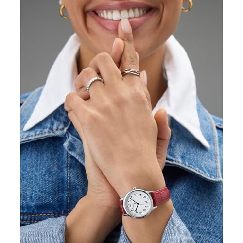 Timex Women's Easy Reader 30mm Watch – Silver-Tone Case White Dial with Red Croco Pattern Leather Strap