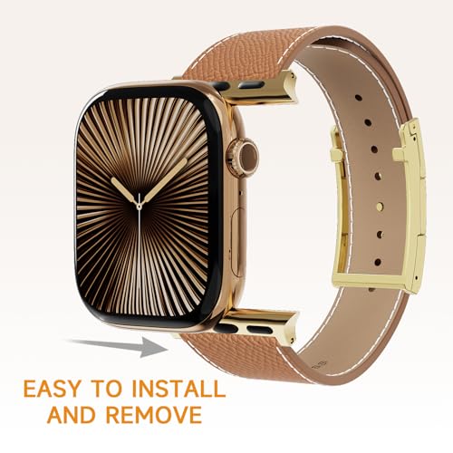 Designer Leather Band Compatible with Apple Watch 49mm46mm45mm44mm42mm41mm 40mm38mm for Women,Magnetic Buckle Replacement Strap for iWatch Ultra 3/ 2 /1 SE 3/2/1 Series 11/10/9/8/7/6/5/4/3/2/1 (Brown Band+Gold H Buckle, 38mm40mm41mm42mm)