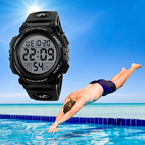 SKMEI Large Face Digital Watch Men’s Sports Waterproof LED Military Wristwatches Chronograph Alarm Clock (Black)