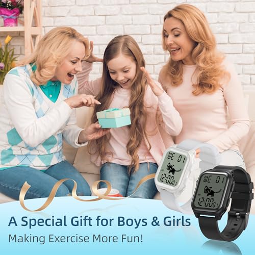 EZON T048 Digital Kids Watch for Teens Girls Boys,Sport Watch with Virtual Pet Cat Step Counter Stopwatch Pedometer Timer Alarm, No App Waterproof Fitness Tracker for Ages 7-18 (White)
