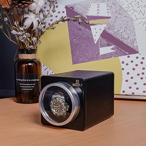 MOZSLY Watch Winder for Single Automatic Watches with Quiet Motor 12 Rotation Mode Setting Leather Black