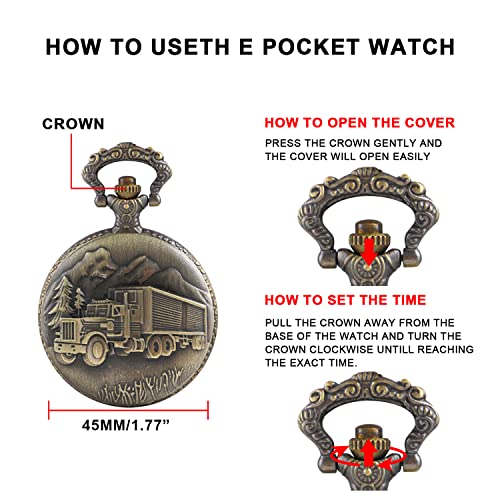 Whodoit Men's Bronze Truck Design Quartz Pocket Watch, Arabic Digital Dial Quartz Pocket Watches with Chain for Men