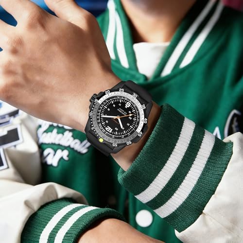 findtime Solar Watch Mens Military Analog Watches Industrial Sport Waterproof Tactical Cool Designer Wrist Watch for Men Unidirectional Rotating Bezel Silicone Strap Alloy Case