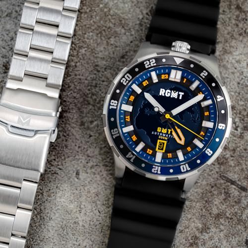 RGMT Men's 46mm Globemaster GMT Automatic Mission Blue Watch with Solid Stainless Steel Bracelet RG-8067-44