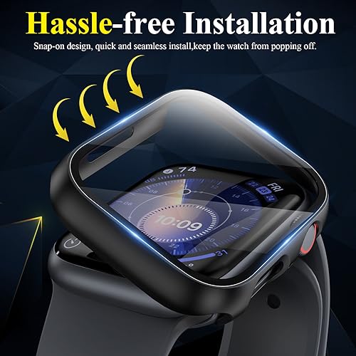 [3 Pack] Case for Apple Watch Series 9 Screen Protector 41mm Series 8 Series 7, EWUONU Hard PC Bumper Cover HD Tempered Glass Full Protective Case for iWatch Series 9/8/7 Accessories 41mm, Black