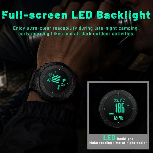 CakCity Digital Watch Military Tactical Watches for Men, 50mm Large Face Zinc Alloy Case with Breathable Double-Layer Nylon Strap, 5ATM Waterproof Shockproof, Altimeter, Barometer, Thermometer, Dual Time, Compass, Alarm, Stopwatch, Countdown