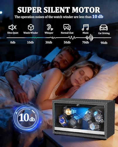 GLOKUUCA Watch Winder 6 with LED and Super Quiet Motor 4 Rotating Modes, Wooden Watch Storage Case Watch Shaker with USB Cable Gift (Black Carbon Fiber)