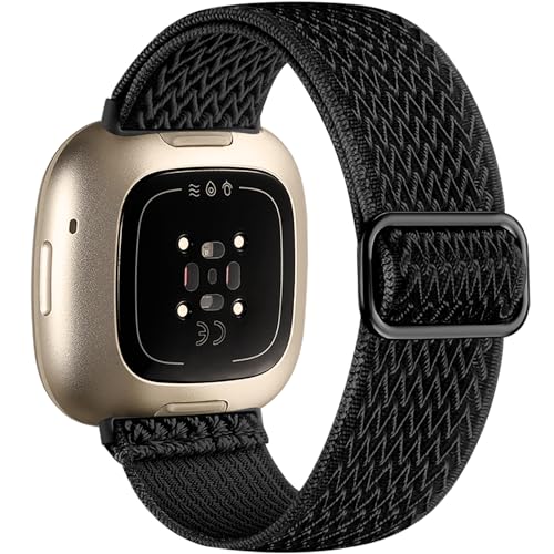 Maledan Replacement Band for Fitbit Versa 4/3 Sense 2 Band Men Women, Soft Flexible Breathable Nylon Stretchy Watch Strap for Versa 4/3 Sense 1/2 Wristbands Accessories, Black