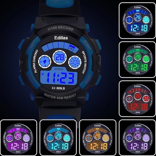 Edillas Boys Watch Digital, 7 Colors LED Lights 50M Waterproof Wristwatches for Child Sport Outdoor Multifunctional with Stopwatch/Alarm for Kids Ages 7-15