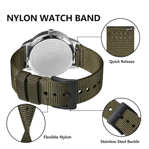 BISONSTRAP Men’s Nylon Watch Bands, Two-Piece Military Watch Straps, Quick Release, Brushed Buckle, 20mm, Army Green (Black Buckle)