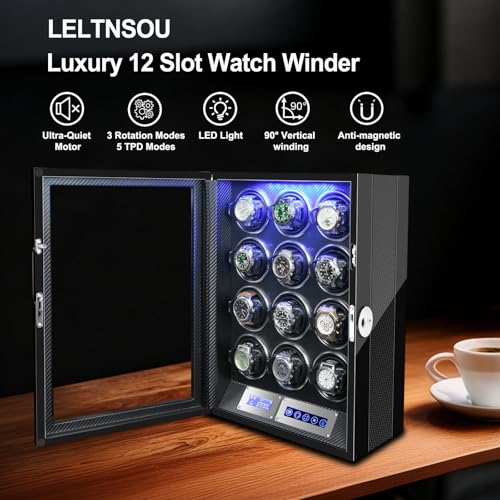 LELTNSOU Watch Winder for 12 Winding Spaces Automatic Watches with Fingerprint Unlock, Ultra-Quiet Japanese Motors, Built-in LED Illumination and LCD Touchscreen Control