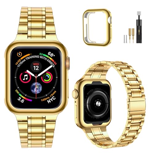 MioHHR Solid Stainless Steel Band Compatible with Apple Watch 38mm(Series 3/2/1) 40mm(Series SE/6/5/4) 41mm(Series 9/8/7) Metal Strap with Soft TPU Case for iWatch Bands for Women and Men, Gold