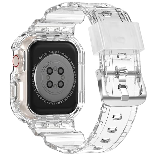 XYF Compatible for Crystal Clear Apple Watch Bands, 45mm 44mm Bumper Case for Men Women Jelly Sport Cover Strap for iWatch Ultra 3 2 Series 11 10 9 8 7 SE 6 5 4 3 (CrystalClear, 44/45)