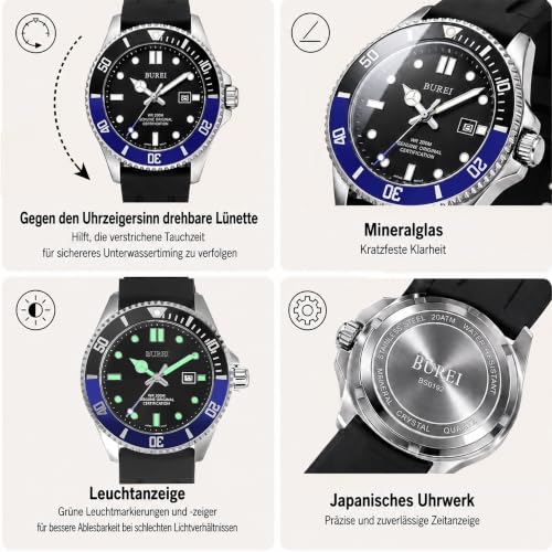 BUREI Men's Dive Watch, 200M Waterproof Analog Quartz Stainless Steel Fashion Classic Work Business Dress Wrist Watch for Men with Auto Date (Blue-Black, Silicone)