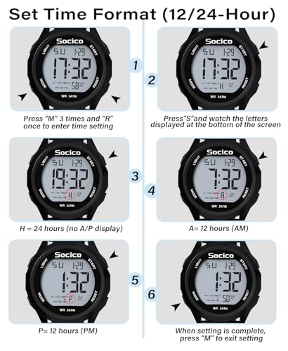 SOCICO Mens Digital Watch Sports Waterproof Outdoor Large Face Military Watches with Stopwatch Back Light Alarm Date Display