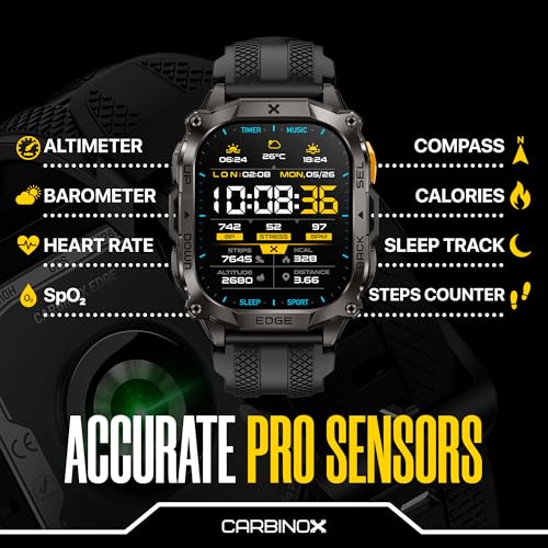 CARBINOX Edge Smart Watch Rugged, 1.96″ AMOLED, Stainless Steel, IP69K/5ATM Fitness trackers, Dual-Band GNSS, 500mAh, Bluetooth Calls, Smart Watch for Android Phones iOS (Black)