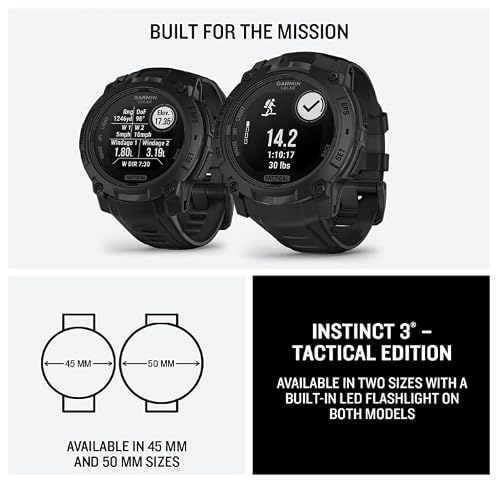 Wearable4U Garmin Instinct 3 Tactical Edition, Solar Charging Display, 45mm, Rugged Outdoor GPS Smartwatch, Applied Ballistics Support, LED Flashlight, Multi-Band GPS Black Earbuds Bundle